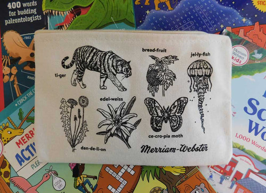 Image of a cotton zip pouch with hand-drawn illustrations of plants and animals paired with their headword, with the Merriam-Webster vintage logo in the lower right.
