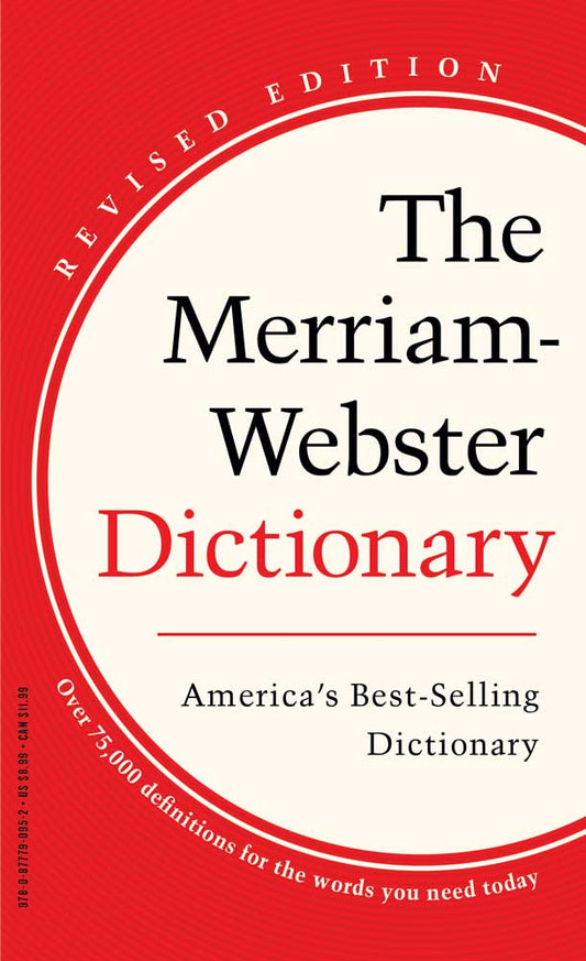 Cover of The Merriam-Webster Dictionary, Mass-Market. A red background with a large cream colored circle positioned to the right of the page, with text in the circle.