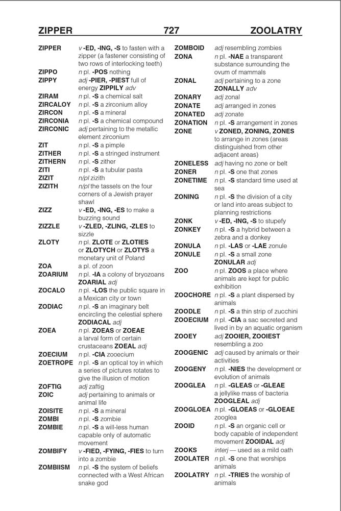 Sample page from The Official SCRABBLE Players Dictionary, Seventh Edition with playable Z words, such as 'zonkey'.
